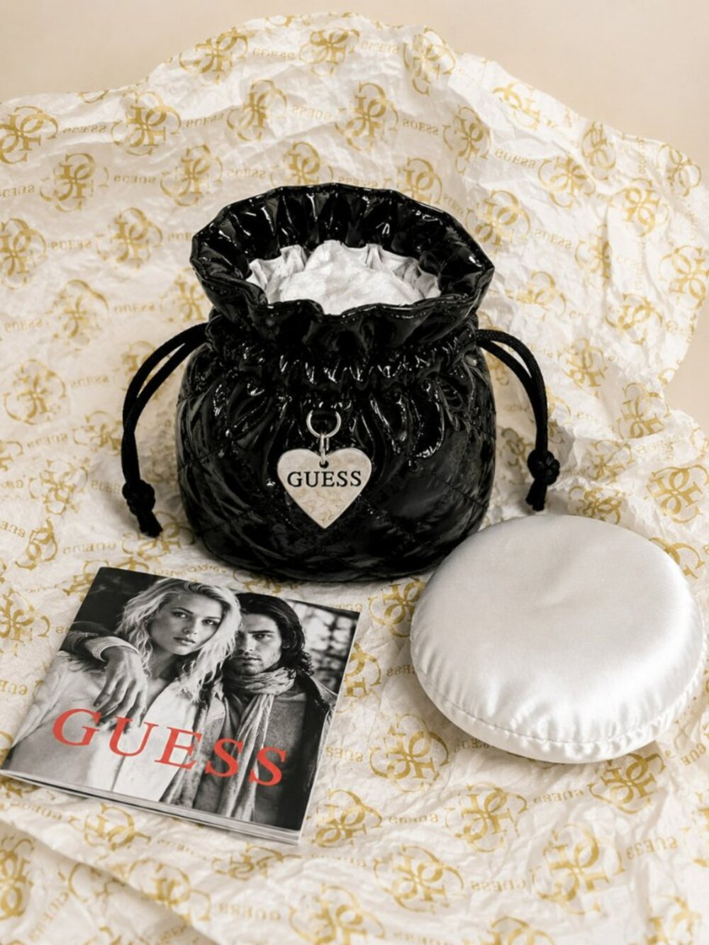 GUESS Black Quilted Patent Drawstring Storage Pouch w/ Heart Charm New
